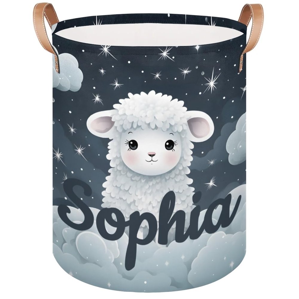 SPYORBKX Custom Laundry Basket with Name, Personalized Baby Laundry Hamper for Bedroom Bathroom, Round Storage Basket with Handle for Men Women Sheep Clouds