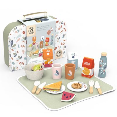 SPEEDY MONKEY Wooden Picnic Basket Playset FSC Certified Pretend Play Food & Fruit Toy for Toddlers & Preschoolers, Outdoor Picnic Travel Adventure, Kitchen Role Play Set for Boys & Girls