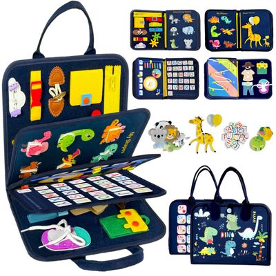 Qizfun Toddler Busy Board Montessori Toys Sensory Busy Book, Educational Learning Travel Toy for Airplane & Car, Keeps Toddlers Entertained, Birthday Gifts for Toddler Boys Girls (Blue/P8)