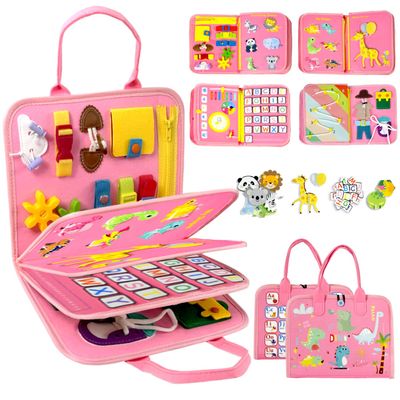 Qizfun Toddler Busy Board Montessori Toys  Sensory Busy Book, Educational Learning Travel Toy for Airplane & Car, Keeps Toddlers Engaged, Birthday Gifts for Toddler Girls