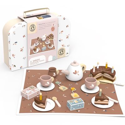 SPEEDY MONKEY Birthday Tea Set for Kids  FSC Wooden Pretend Play Tea Party & Food Set with Teapot, Cups, Cake & Tea Bag  Toddler Girls Imaginative Role Play Kitchen Toy  Colorful Gift for Dollhouse