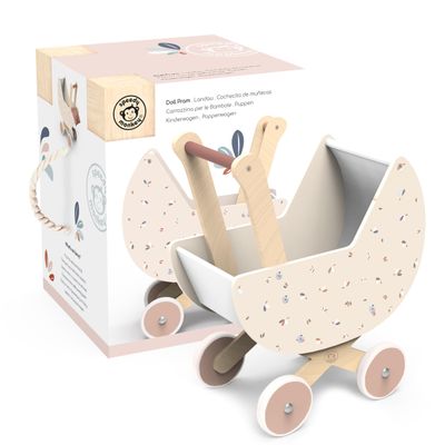 SPEEDY MONKEY Wooden Doll Stroller Pram | Pretend Play Push Toy for Toddlers | Kids Baby Doll Walker with Soft Bedding | Durable Role-Play Stroller for Imaginative Play & Nursery Decor