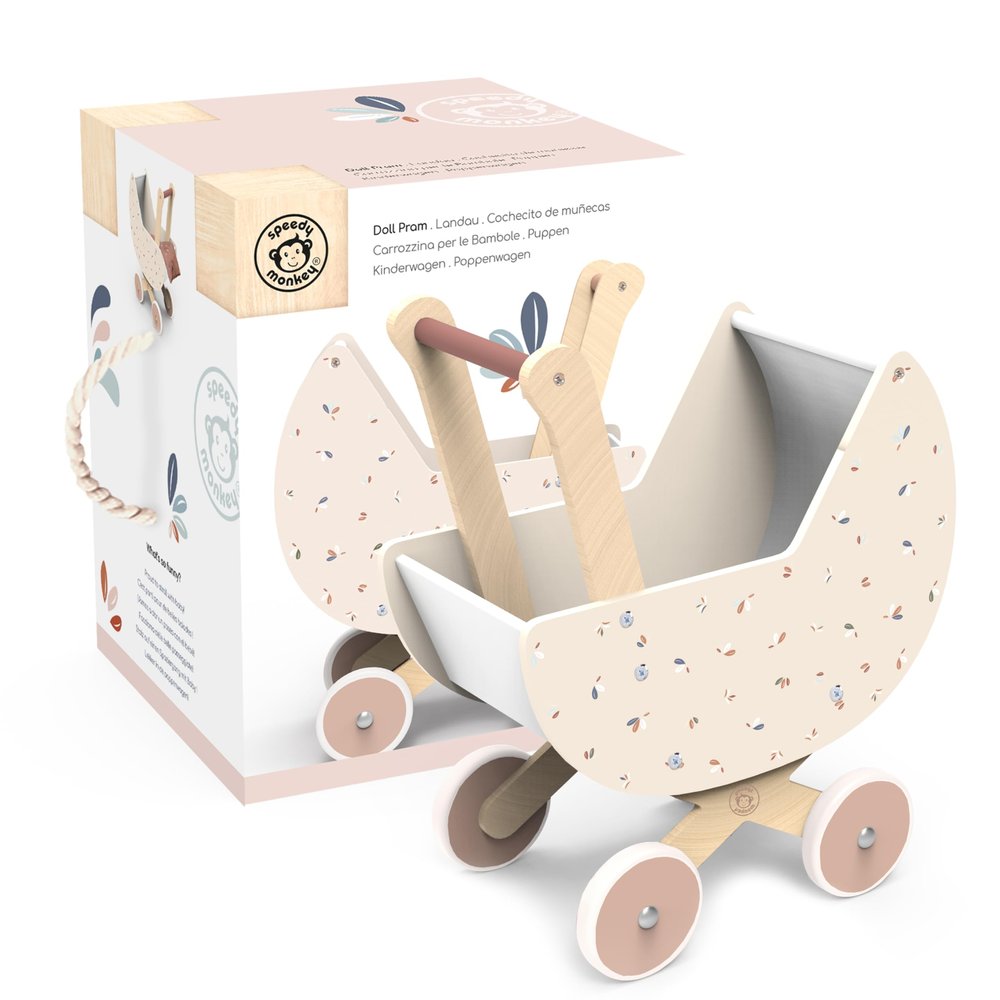 SPEEDY MONKEY Wooden Doll Stroller Pram | Pretend Play Push Toy for Toddlers | Kids Baby Doll Walker with Soft Bedding | Durable Role-Play Stroller for Imaginative Play & Nursery Decor