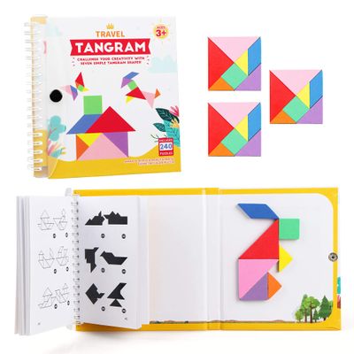 Helsort Travel Tangram Puzzle - Magnetic Puzzle Book for Road Trips, STEM Jigsaw Game with 3 Tangram Sets, Patterns Solutions - Brain Teaser IQ Toy for Kids and Adults, Ideal Educational Gift (240)