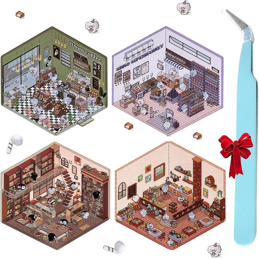 4 Sets DIY 3D House Stickers, Fun DIY Stickers Scene Make Your Own Mini Room Scenes, DIY Cozy Little Home House Scene Stickers Quiet Book, Cute Cartoon Sticker Scenes for Adult (4)