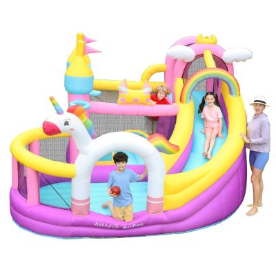 AirMyFun Inflatable Bounce House, Wide Slide Indoor Bounce House, 5 in 1 Unicorn Bounce House for Big Kids Backyard with 450 Blower, Air Cushion, Ball Pit, Climbing Wall, Basketball Hoop