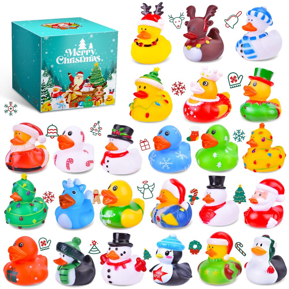 24 Pack Christmas Rubber Ducks, 2 Inch Bulk Jeeps Ducking Set Small Xmas Bath Toys for Kids Toddlers Boys Girls Cute Duckies Party Favors Stocking Stuffers Classroom Prizes Pool Table Decor