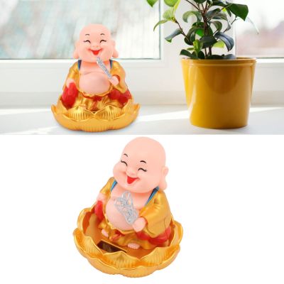 Solar Buddha Statue, Solar Buddha Car Ornament, Solar Shaking Monk Toy, Smiling Maitreya Solar Toy with Base, for Desk, Car, Home Decor (Golden)