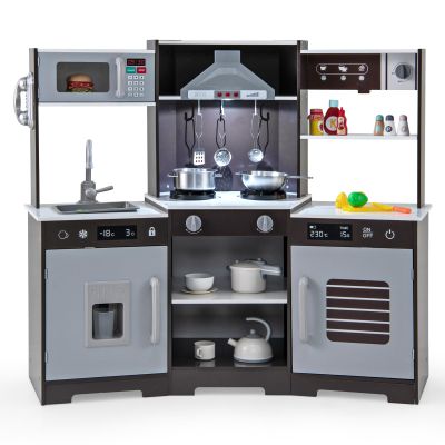HONEY JOY Corner Kids Kitchen Playset, Wooden Toy Kitchen Set w/Lights & Sounds, Range Hood, Ice Maker & Coffee Maker, Microwave, Sink, Faucet, Little Chef Pretend Play Kitchen for Toddlers, Brown