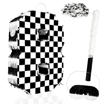 MUNILAIL Checkered Number 8 Pinata Black and White Checkered Pinata with Stick and Blindfold Confetti for 8th Birthday Racing Car Party Game Supplies Race Car Pinatas