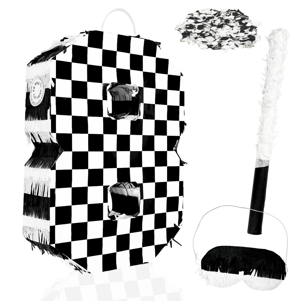 MUNILAIL Checkered Number 8 Pinata Black and White Checkered Pinata with Stick and Blindfold Confetti for 8th Birthday Racing Car Party Game Supplies Race Car Pinatas