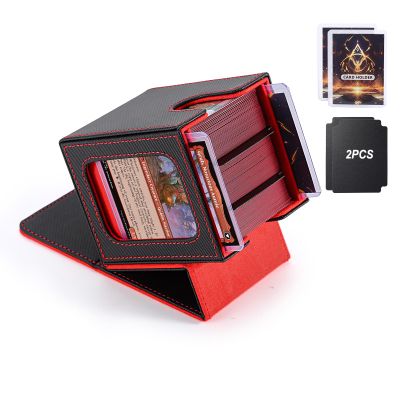 Stepane MTG Deck Box, Double Display Window MTG, Commander Deck Box Fits 120+ Single Sleeved Cards, PU Leather Magnetic Closure Card Box with 2 Dividers&2 Toploaders for TCG, CCG, Black/Red