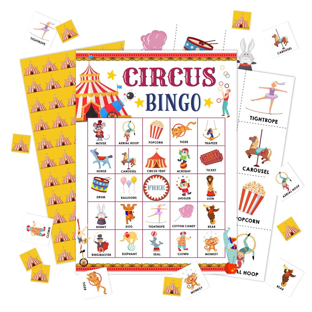 Zcsni Circus Bingo Game Cards, Carnival Party Bingo Cards, Bingo Game Set for 24 Players, Birthday Party Supplies Decorations for Adults Friends Family, Holiday Gathering Bingo Cards -23