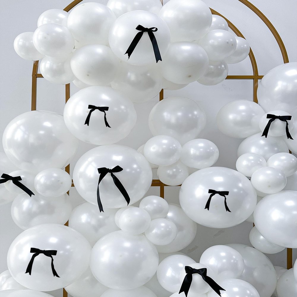 185pcs Double Stuffed Pearl White Balloon Arch Kit with Black Bows