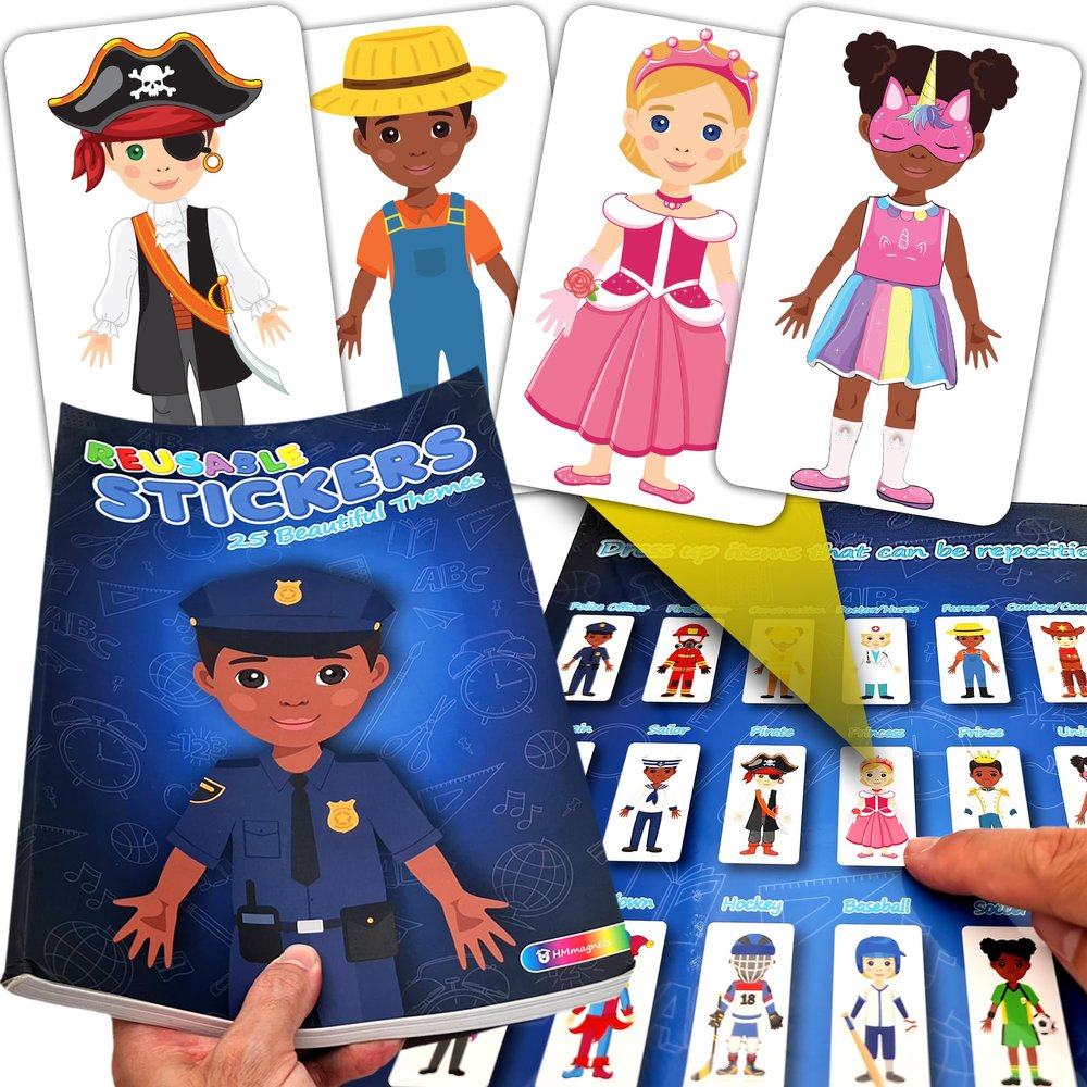 Large & Durable Reusable Sticker Book + 4 Large Dress Up Dolls (2 Boys/2 Girls)  25 Themes (370 Stickers) Including Princess, Mermaid, Astronaut, Doctor, Firefighter, Unicorn, Policeman and More!