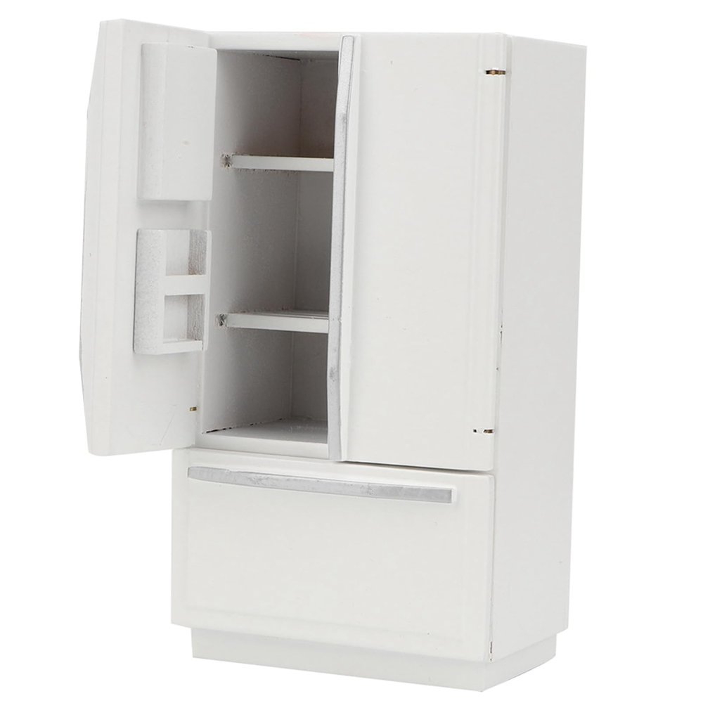 1:12 Wooden Refrigerator Model, Mini Dollhouse Refrigerator Model with Openable Drawer for Dollhouse Decor (White