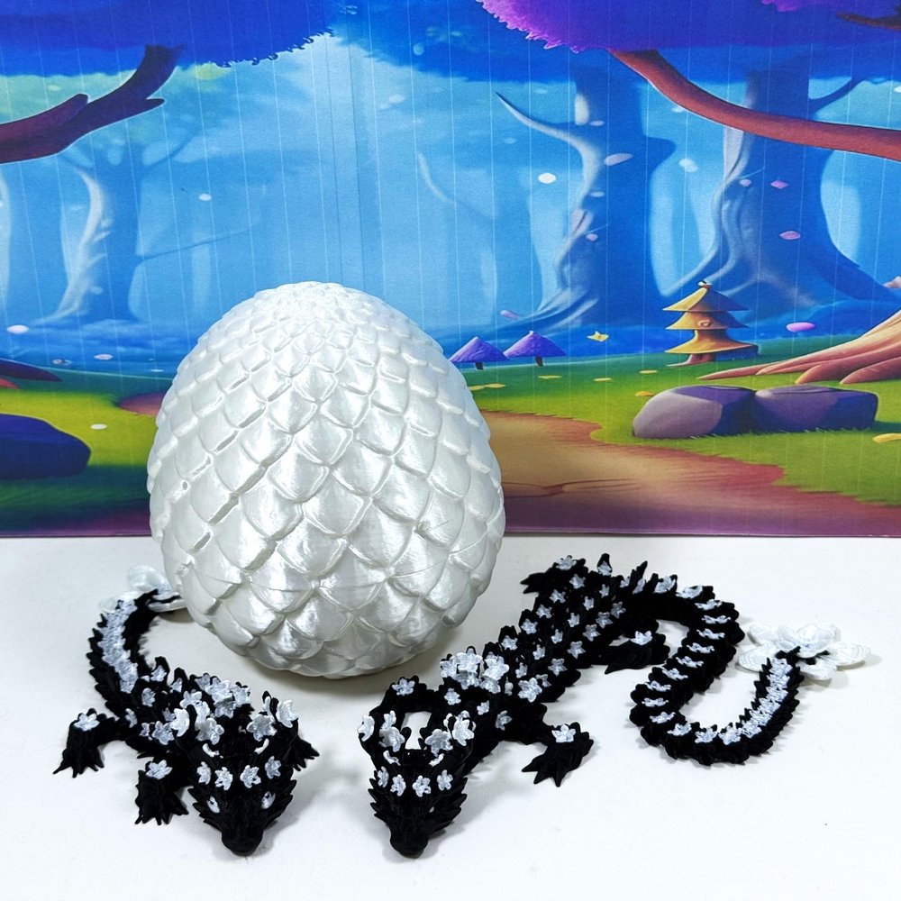 3D Printed Dragons with Dragon Egg, Articulated Mother and Child Dragons, Black and White Cherry Blossom Baby Dragon, Fidget ADHD Autism Toy MCD-019-004-BLK-WE
