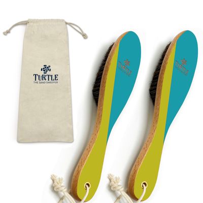 Beach Sand and Pool Feet Brush w/Soft Bristles | 2 Pc. Set | Use Also for Surfboards, Towels, Chairs, Pet Paws, & Outdoor Gear | Portable Travel Gear w/Cotton Bag | Sand Remover (Turquoise/Yellow)
