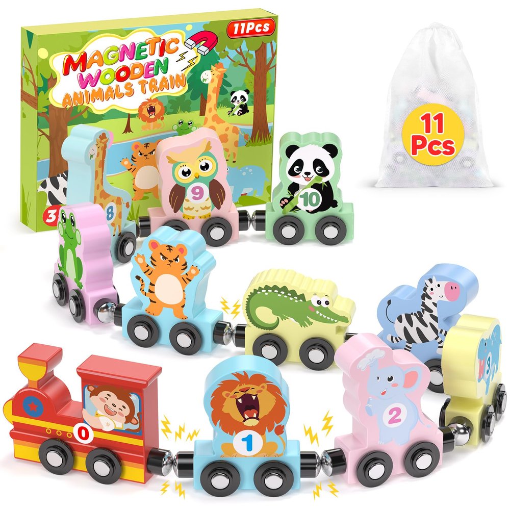 11 Pcs Magnetic Train Set Montessori Toys for 1 2 3 Years Old Toddlers Boys Girls, Wooden Animals Preschool Learning Easter Basket Stuffers Sensory Toys Birthday Gifts Ages 1-3, 2-4