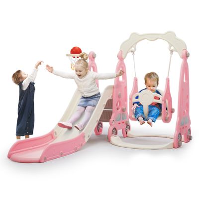 4 in 1 Slide Climber Swing Set, Freestanding Toddler Slide Climber Playset with Basketball Hoop, Toddler Playground Indoor Outdoor, Easy Setup (Pink)