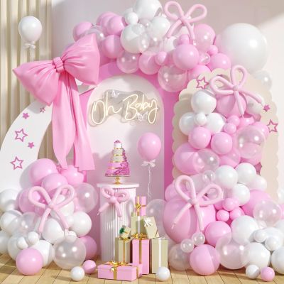 Pink and White Balloon Arch Kit,Baby Pink Clear Long Balloons for Girl Light Pink Latex Bow Birthday Party Decorations Wedding Baby Shower Bridal Engagement Anniversary Pink Bow Decor