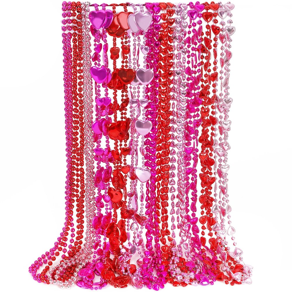 12PCS Valentines Necklace Accessories, 12 Kinds Red Pink Valentine's Day Beads Necklace, Metallic Heart Shape Bead Necklace Accessories Bulk, Romantic Valentine's Day Classroom Gifts School Favors