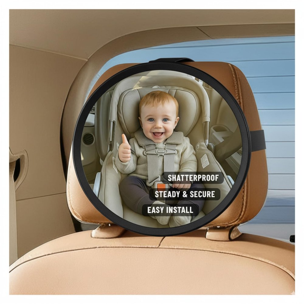 Baby Car Mirror for Rear Facing Carseat 360 Adjustable, Shatterproof, Wide Angle View, Easy Installation, Fits Car, SUV & Truck, Lightweight Safe Design