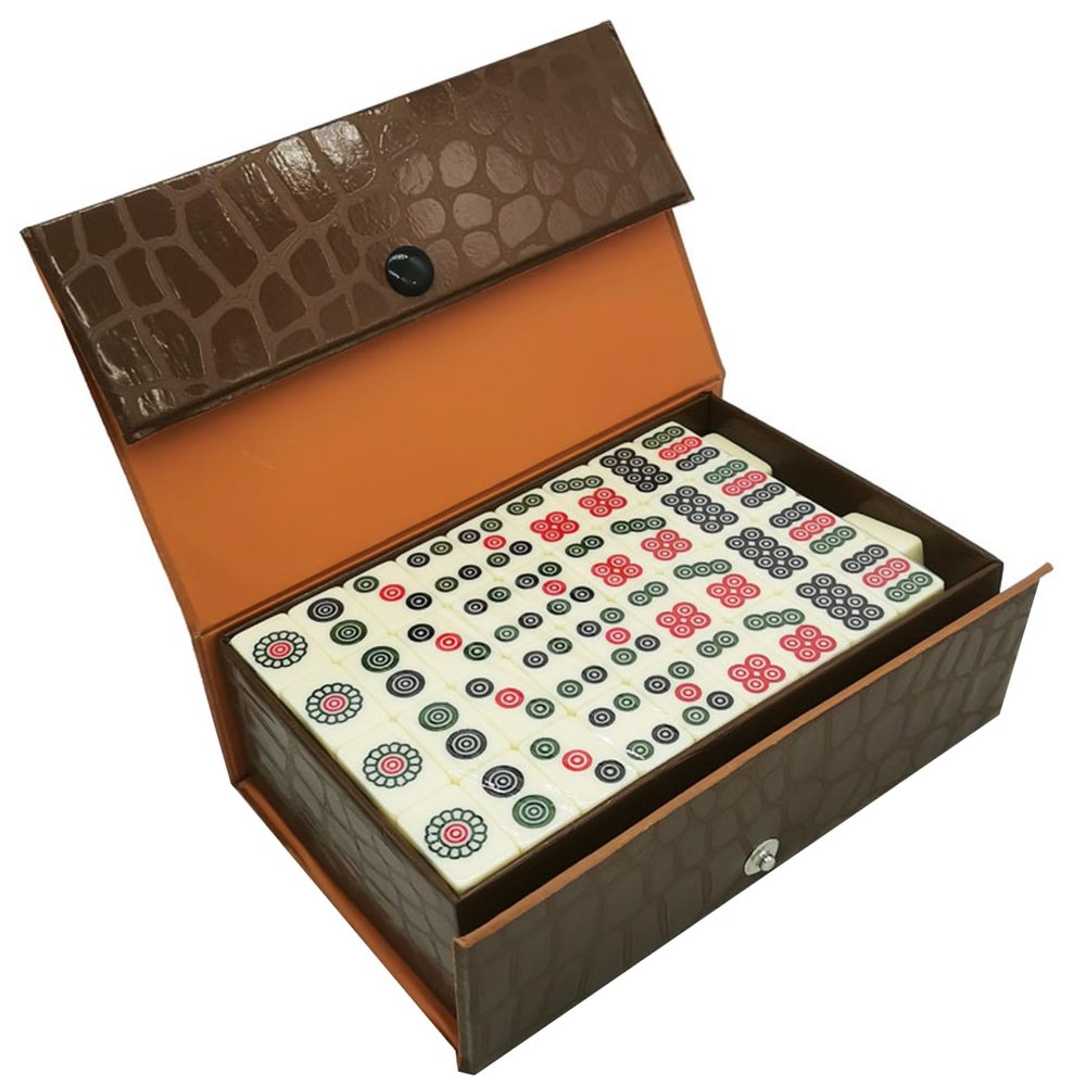 BEAHING Chinese Mahjong Set with 144 Tiles Mini Mahjong Set with Brown Carrying Case Portable & Lightweight Mahjong Game Set for Travel, Camping, Family Gatherings, Friends Party Mahjong Set