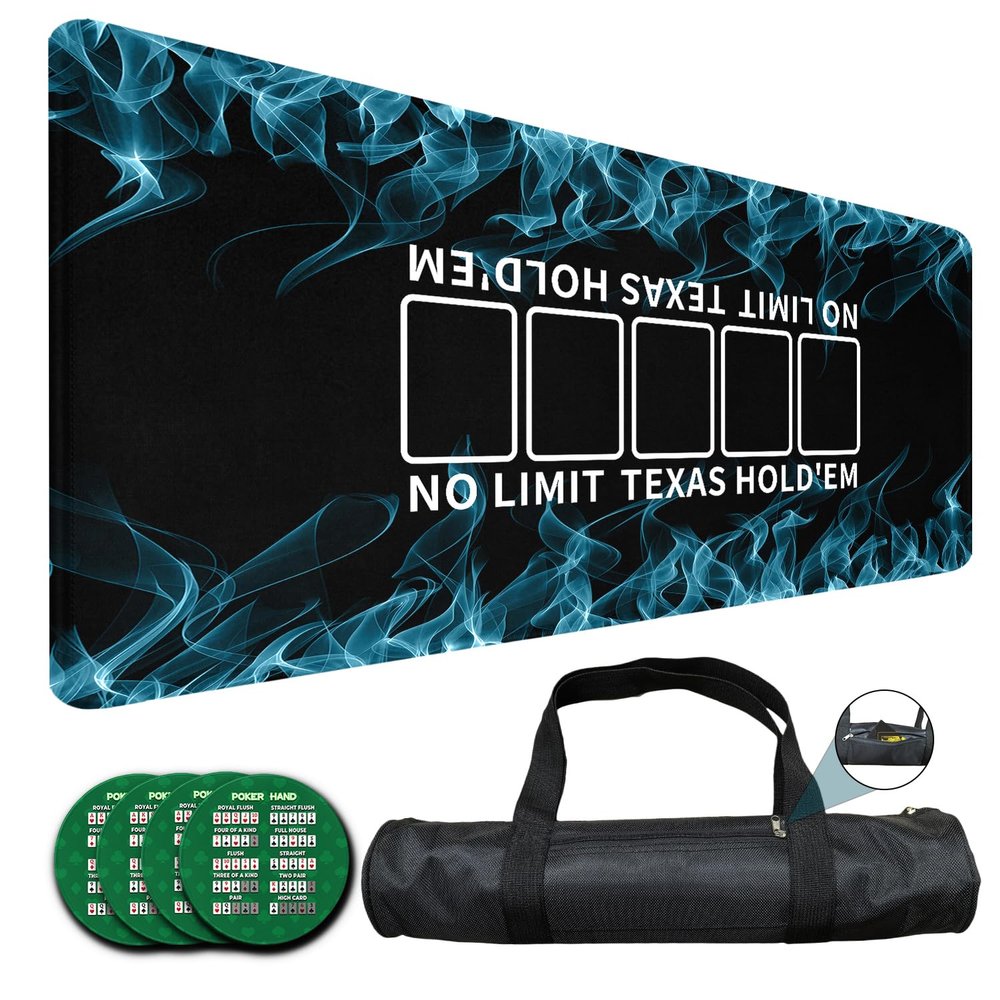 LENGAMPLAY Poker Mat, 4-6 Players Texas Holder Poker Rubber Mat - 35" x 16 Foldable Poker Topper with 4pcs Non-Slip Coasters for Tables in Zipper Storage Bag (Blue1-S, 35x 16inch)