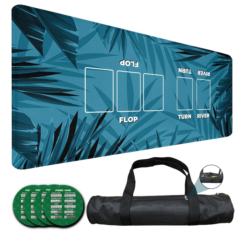 LENGAMPLAY Poker Mat, 4-6 Players Texas Holder Poker Rubber Mat - 35" x 16 Foldable Poker Topper with 4pcs Non-Slip Coasters for Tables in Zipper Storage Bag