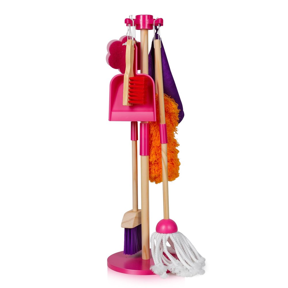 Masthome 8 Pieces Kids Cleaning Set,Wooden Cleaning Toys for Kids Broom Dustpan Mop Brush Duster Rag Sponge and Hanging Stand,Skill Developmental Pretend Play Kit for Toddlers,Children