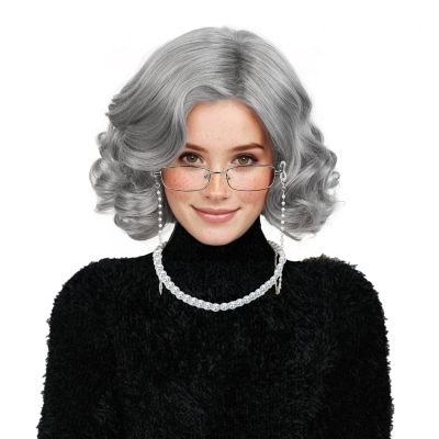Aicos 5PCS Old Lady Wig Set for Women Grey Grandma Wig with Glasses & Pearl Necklace for Halloween Costume Party