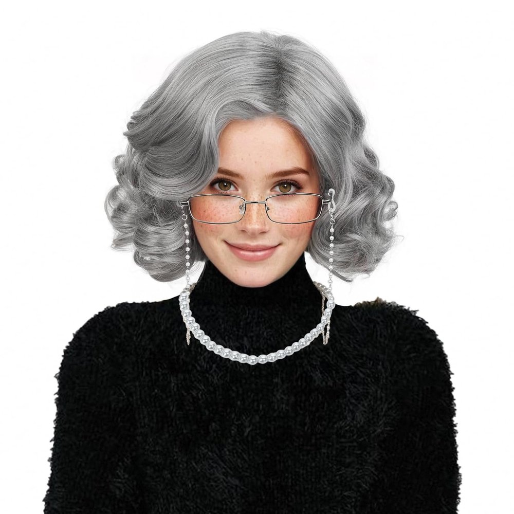 Aicos 5PCS Old Lady Wig Set for Women Grey Grandma Wig with Glasses & Pearl Necklace for Halloween Costume Party