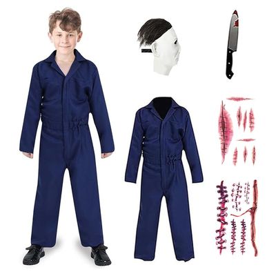 4PCS Halloween Costume Mask Kids Scary Killer Costume for Boys Jumpsuit Costumes Outfits with Stickers (White mask, XL)