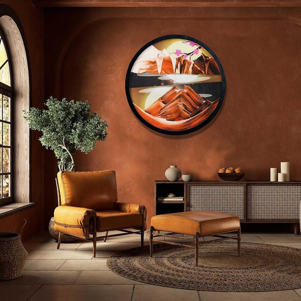 3D Dynamic Sand Art Liquid Motion, 17.4in Round Glass Moving Sand Art Picture Sandscapes In Motion Round Glass 3D Deep Sea Sandscape In Motion Display Flowing Sand Frame Relaxing Desktop Home Office(I