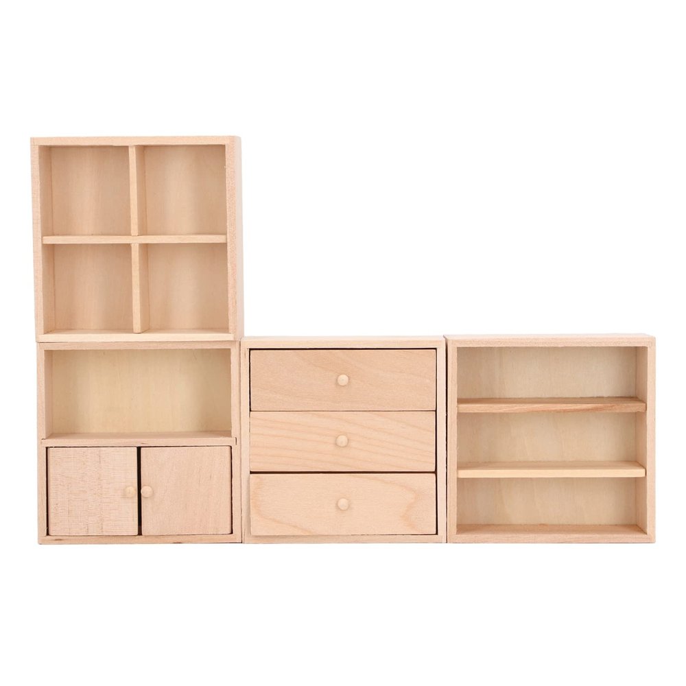 4 Miniature Wooden Dollhouse Cabinets Set, Simple Design, Practical and Lifelike Decoration for 1/12 Dollhouse, Suitable for Placing Green Plants, Enamels, Books