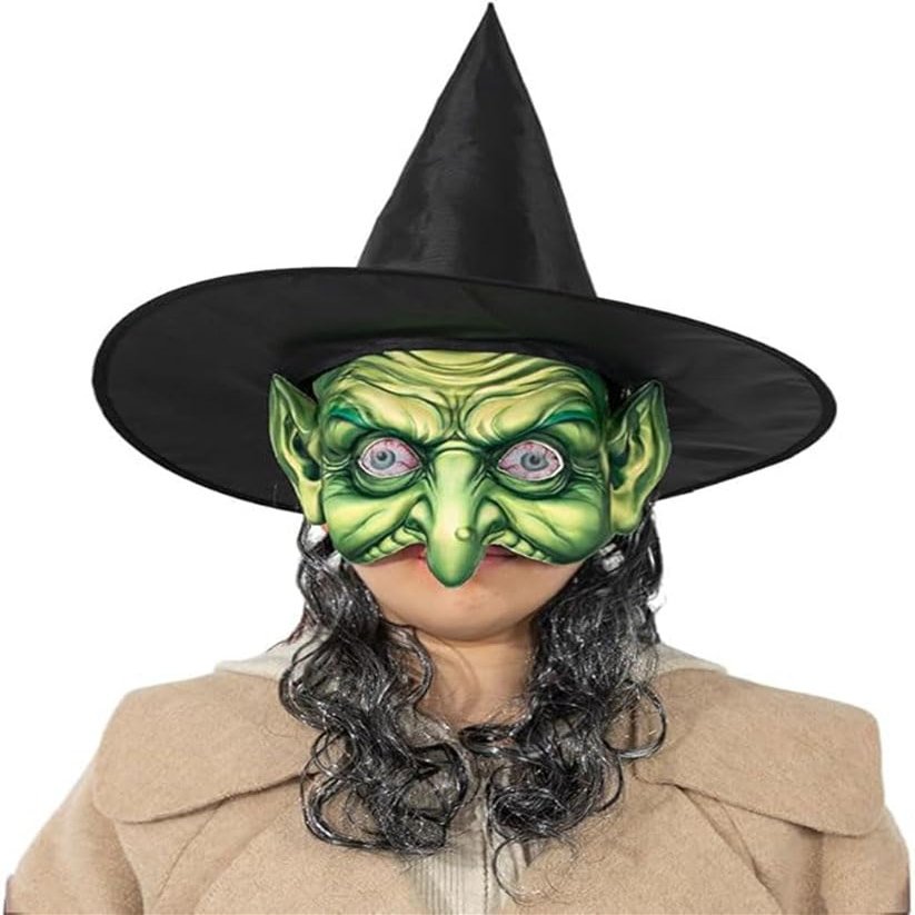 AYILUOBE Women's Witch Wig Hat Mask Set Spooky Green Face Goblin Wizard Mask Evil Zombie Mask Creepy Cosplay Party Halloween Costume