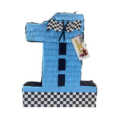 APINATA4U Number One Race Car Pinata, Blue Checkered Flag for First Birthday, Racing Theme Party Supplies, 1st Birthday for Boys, Motorsport Pinata, Race Track Decor, Kids Car
