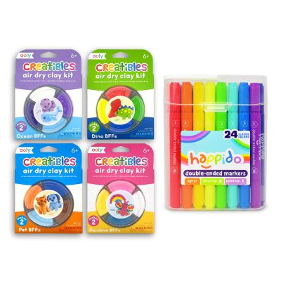 Ooly Creatibles, 16 Colors Air Dry Clay Expansion Set for Kids Crafts & Happido Set of 24 Double Sided Markers, Water Based Vibrant Coloring Kids Markers with CaseGreat School Supplies