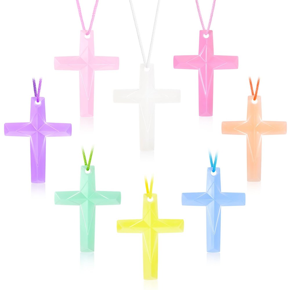 104 Pcs Crystal Cross Necklace, Plastic Cross Necklace Christian Gift Bulk Religious Party Favors Toy for Sunday School Church Easter Vacation Bible School Operation Christmas,8 Colors(Macaron color)