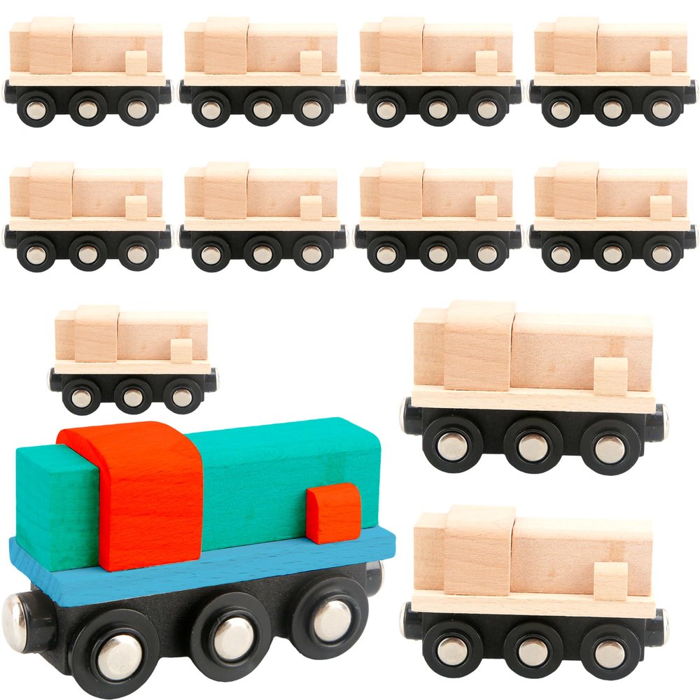 Hoarost 12 Pcs Wooden Trains Toys Unpainted Wood Train Cars Weak Magnetic Suction Paintable Wooden Railway for Kids Educational Toys Birthday Christmas Party Gifts (Style Set 2)