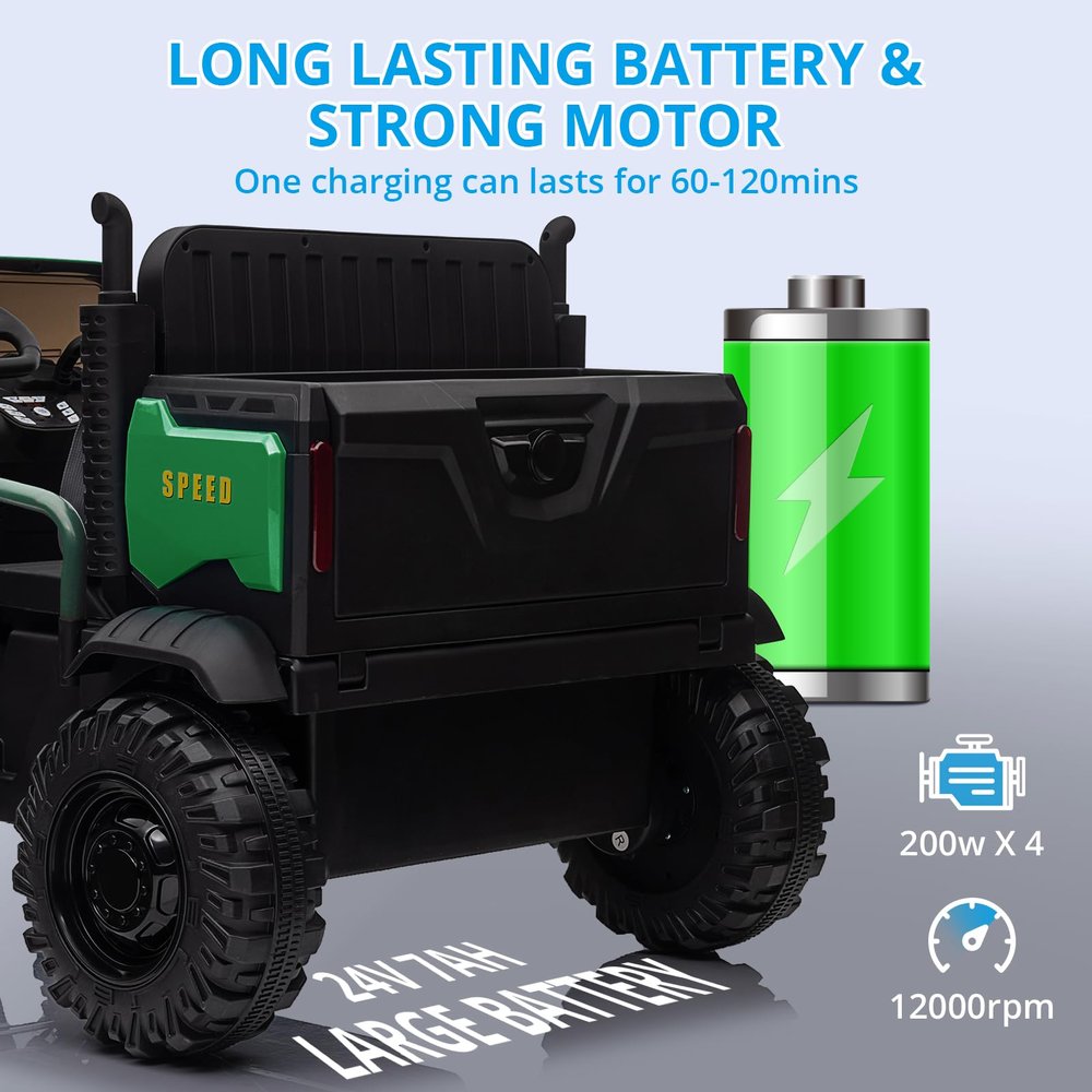 2-Seater Kids Ride-On Car, Dual 12V 7AH Batteries, Tipping Bucket, Remote Control Electric Utv with Rear Storage  Perfect Ride-On Tractor for Kids Ages 3-8(Green)