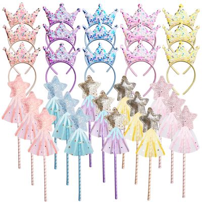 SENONAPO 30 Pcs Princess Wands Party Favors Glitter Star Fairy Wizard Wands Angel Wand Sticks Cosplay Accessories Sequin Princess Kids Crown Headbands for Kids Birthday Party Decor Gifts Supplies