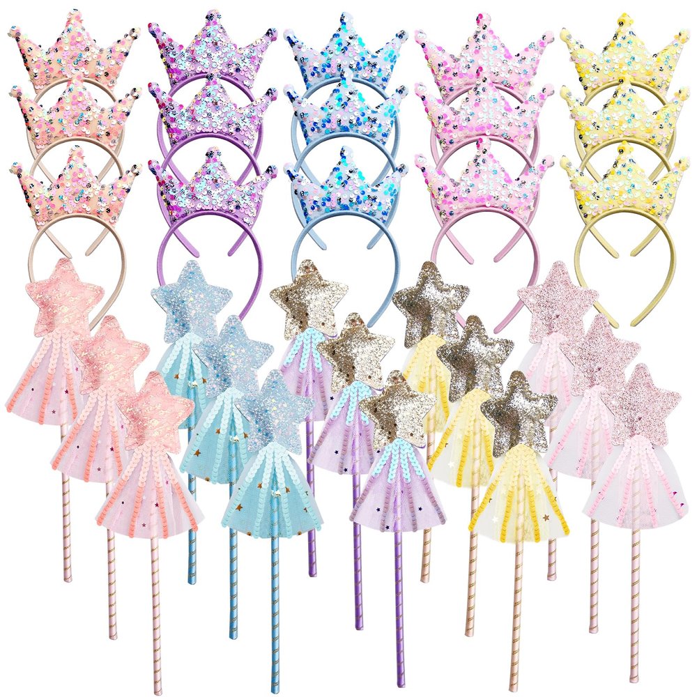 SENONAPO 30 Pcs Princess Wands Party Favors Glitter Star Fairy Wizard Wands Angel Wand Sticks Cosplay Accessories Sequin Princess Kids Crown Headbands for Kids Birthday Party Decor Gifts Supplies