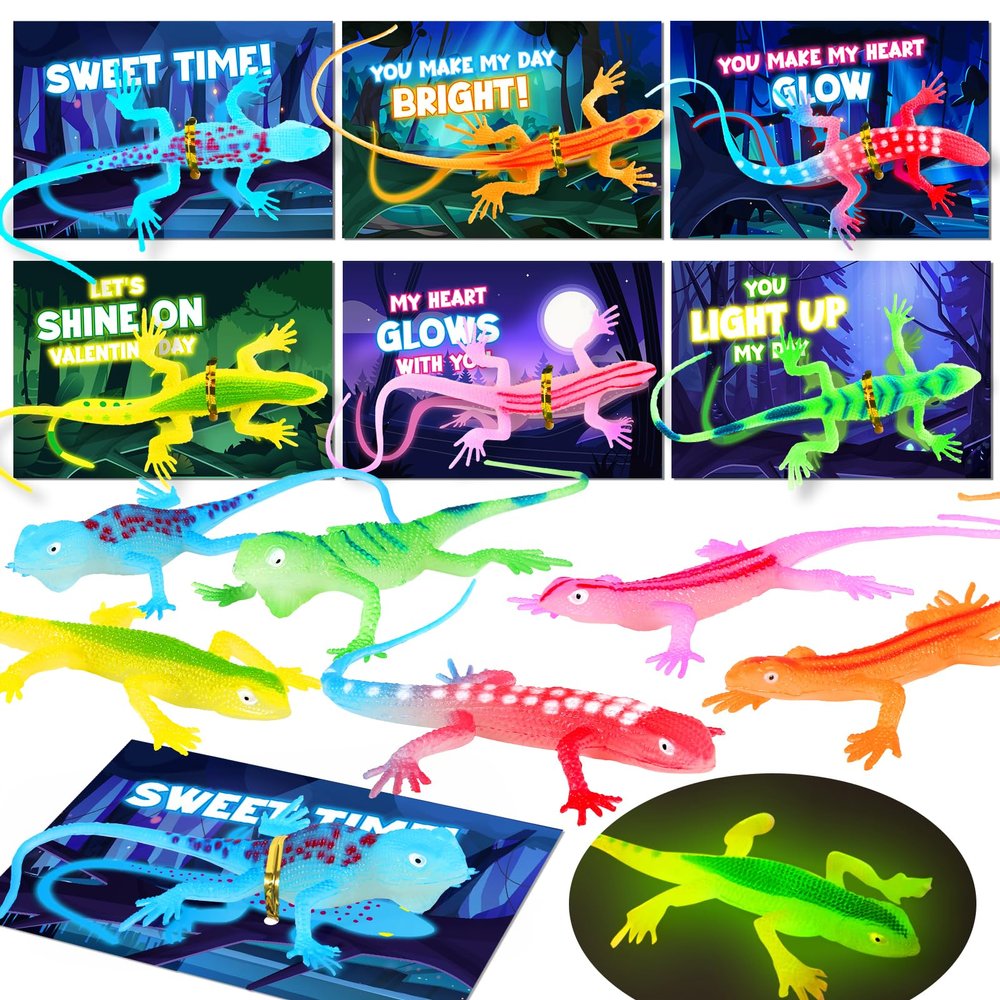 24 Pack Valentines Day Gifts for Kids, Valentines Cards for Kids Classroom with Glow in The Dark Lizards, Valentines Day Cards Exchange For Kid School Class, Valentine Party Favors for Boys Girls