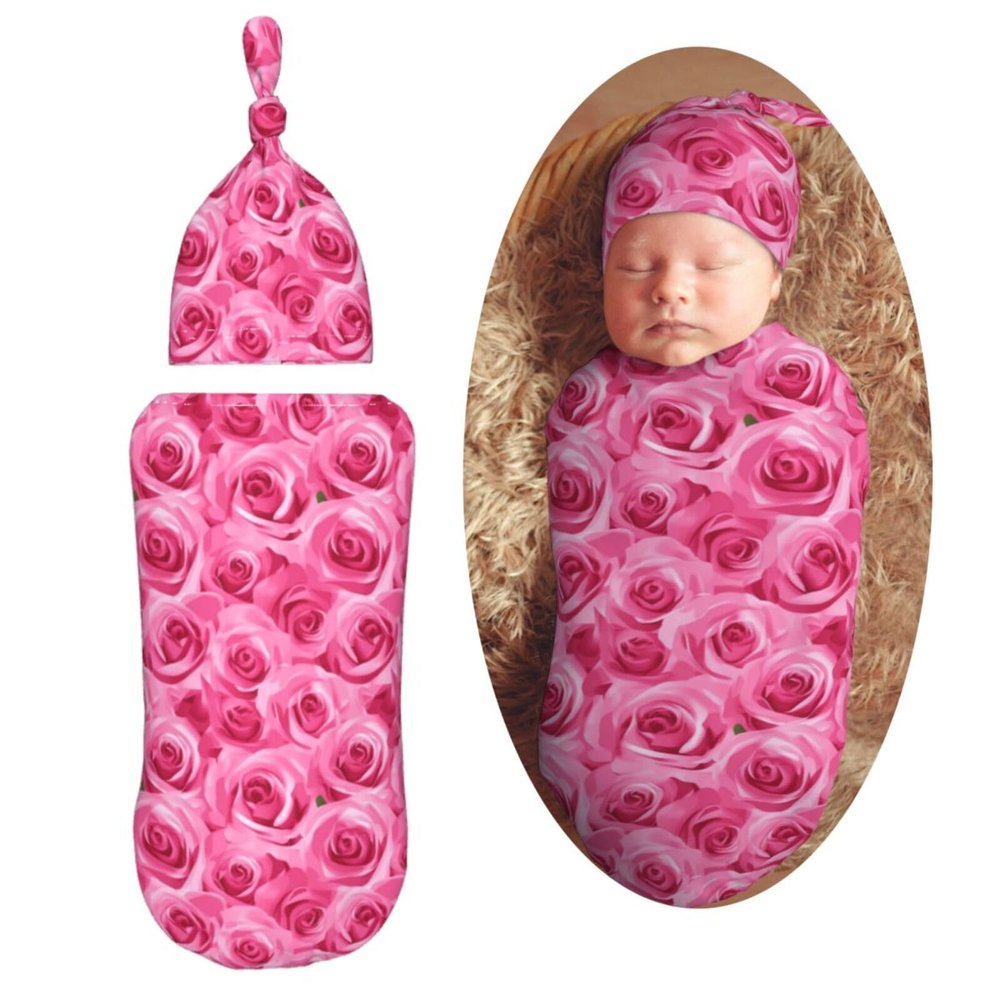 Muishi Pink Roses Newborn Swaddle Blankets Hat Sets Soft Baby Receiving Blanket Swaddle Sack for Baby Shower Infant Boy Girl Gift