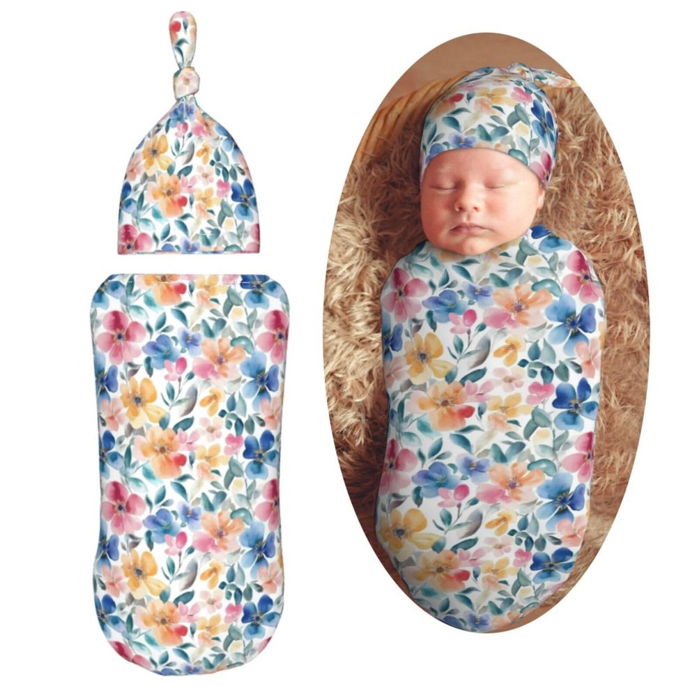 Muishi Watercolor Floral Pattern Newborn Swaddle Blankets Hat Sets Soft Baby Receiving Blanket Swaddle Sack for Baby Shower Infant Boy Girl Gift