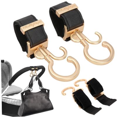 2PCS Stroller Hooks Dual Hook Rotating Stroller Clips Easy to Attach Stroller Accessories with Strong Load-Bearing Hand-Free Hooks for Diaper Bag Shopping Bag Gold