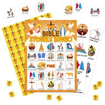 HMJKL Bible Stories Bingo Game, Christian Sunday Church Bingo Cards Set, Birthday Party Bingo Supplies for Adults, Family Open Day Vacation Activities Favors Decorations for 24 Player, 01