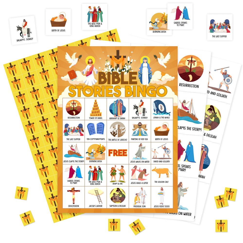 HMJKL Bible Stories Bingo Game, Christian Sunday Church Bingo Cards Set, Birthday Party Bingo Supplies for Adults, Family Open Day Vacation Activities Favors Decorations for 24 Player, 01